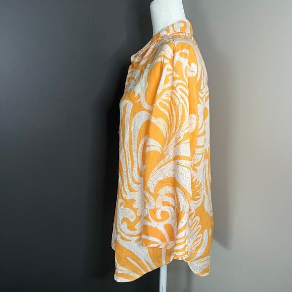 Chico’s Woman’s Orange White Linen Scroll Button Down 3/4 Sleeve Shirt- Size 3 - Picture 2 of 12